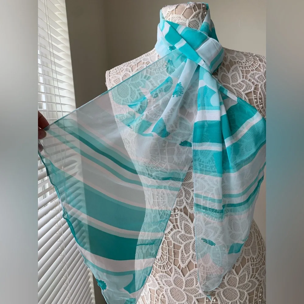 NEOT Kirks Folly Springtime Splendor Scarf Blue White Sheer Chiffon Beach Summer - Picture 2 of 7